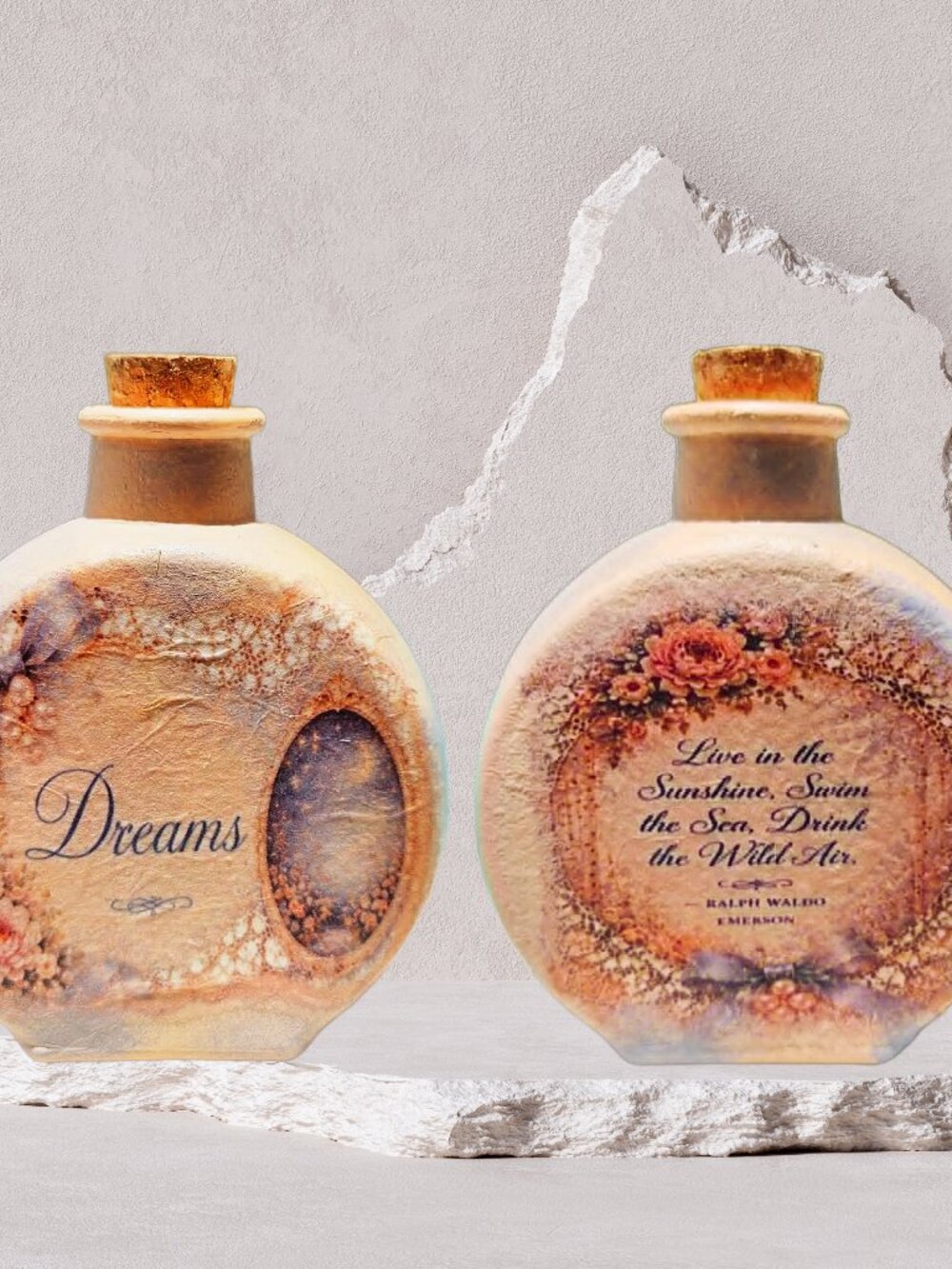 Boho Decor, Hand Painted Decoupage Bottle Art